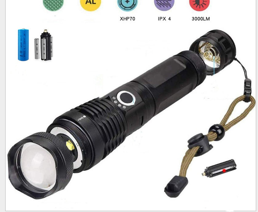 Strong Light Flashlight, Rechargeable, Zoom Power Display, Outdoor Super Bright And Portable