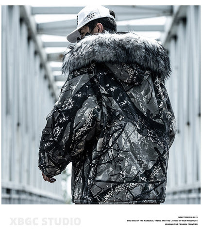 Big Fur Collar Camouflage Mountain Carving Loose Men And Women Cotton Coat Cotton Jacket