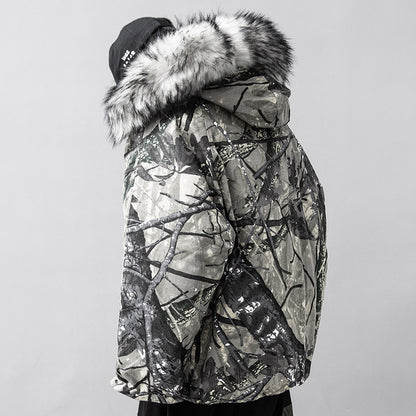 Big Fur Collar Camouflage Mountain Carving Loose Men And Women Cotton Coat Cotton Jacket