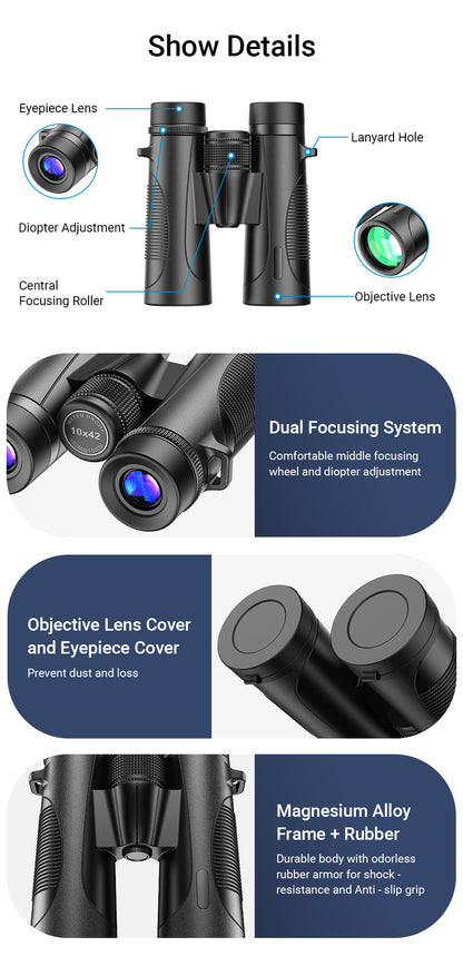 10x42 Waterproof Binoculars HD High Power Low Light