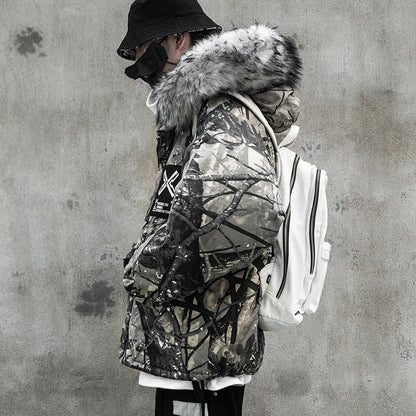 Big Fur Collar Camouflage Mountain Carving Loose Men And Women Cotton Coat Cotton Jacket