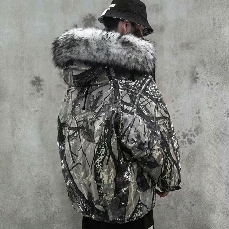 Big Fur Collar Camouflage Mountain Carving Loose Men And Women Cotton Coat Cotton Jacket