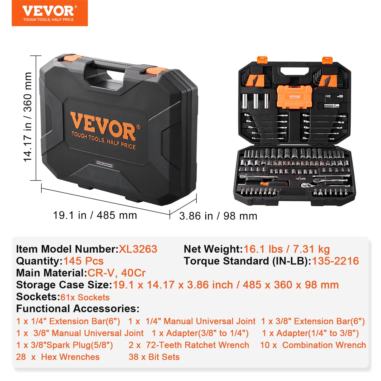 VEVOR Mechanics Tool Set And Socket Set,  Drive Deep And Standard Sockets, 145 Pcs SAE And Metric Mechanic Tool Kit With Bits, Combination Wrench, Hex Wrenches, Accessories, Storage Case