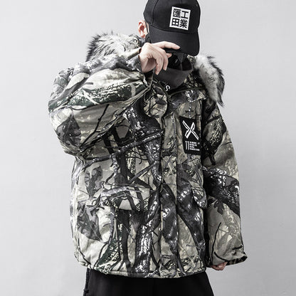 Big Fur Collar Camouflage Mountain Carving Loose Men And Women Cotton Coat Cotton Jacket